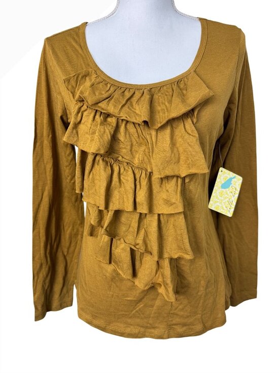 Bella Bird Tops - Bella Bird Womens M Mustard Yellow Ruffle Zig Zag Office Casual Retro